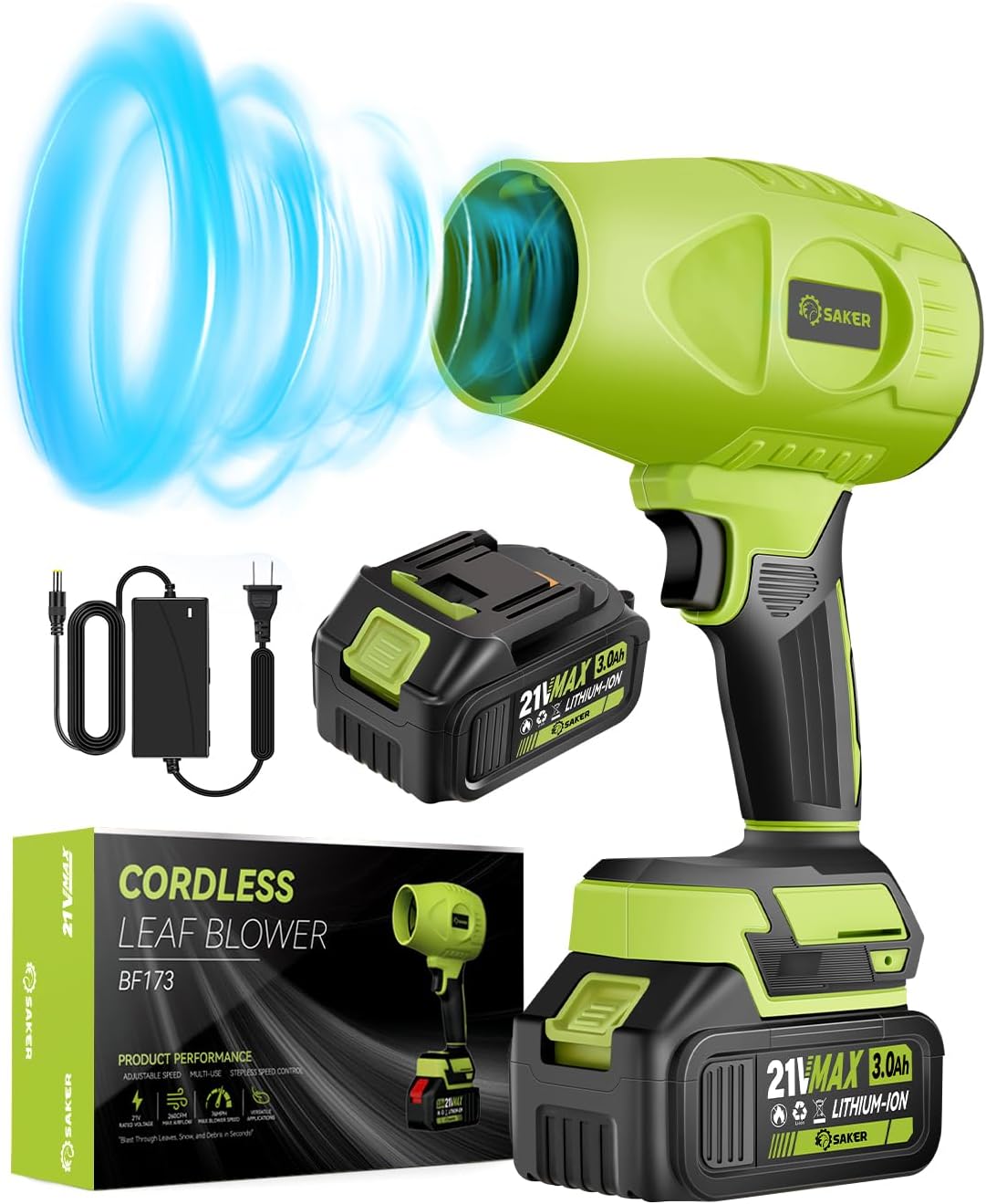 Soprador de Ar Portátil Sem Fio Saker – Turbo 180 000 RPM, 21 V, 2 Baterias, Velocidade Ajustável – Ideal para Limpeza, Secagem e Camping
