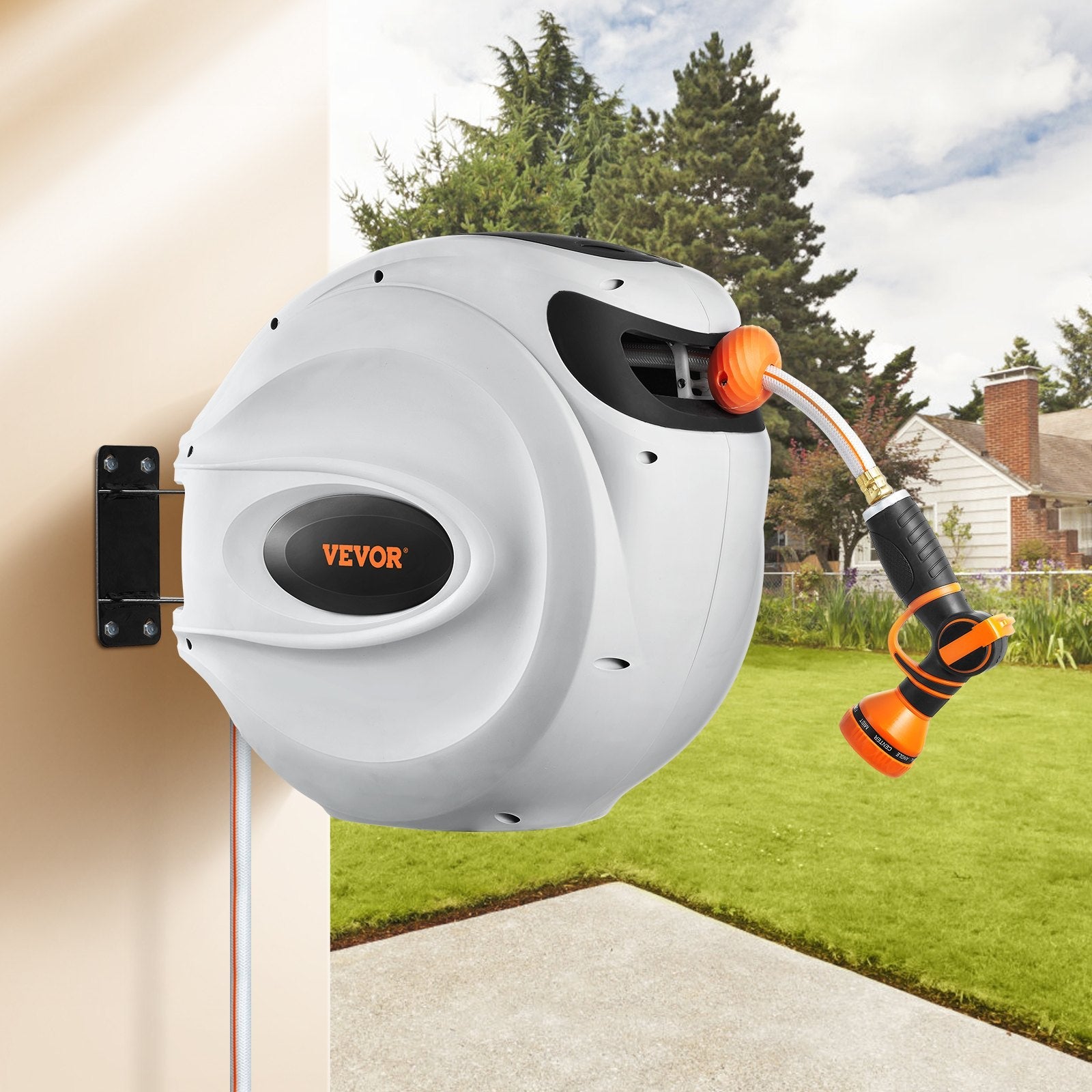 Mangueira Retrátil Carretel VEVOR 40m x 1/2" com Suporte de Parede Giratório 180°, Bico com 9 Jatos e Enrolamento Automático – Para Jardim, Quintal, Lavagem de Carros